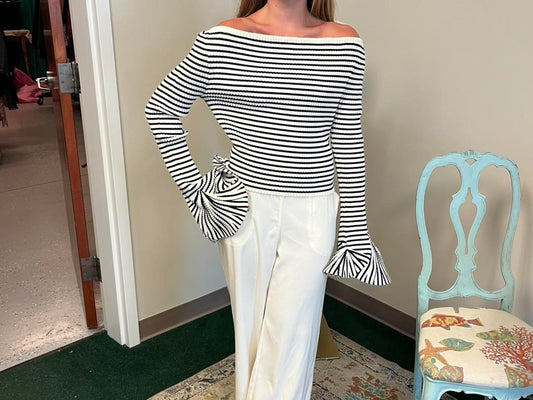 Bell-sleeve sweater, navy and white stripe